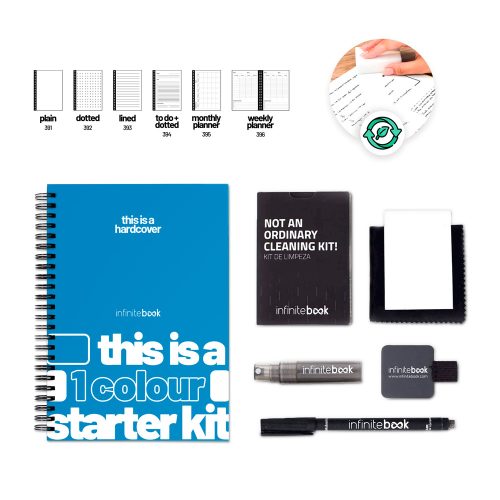 HARDCOVER A5 STARTER KIT - 1 COLOUR. Starter Kit A5 "Infinitebook" with hard cover, includes customisation in one colour on the front and back covers