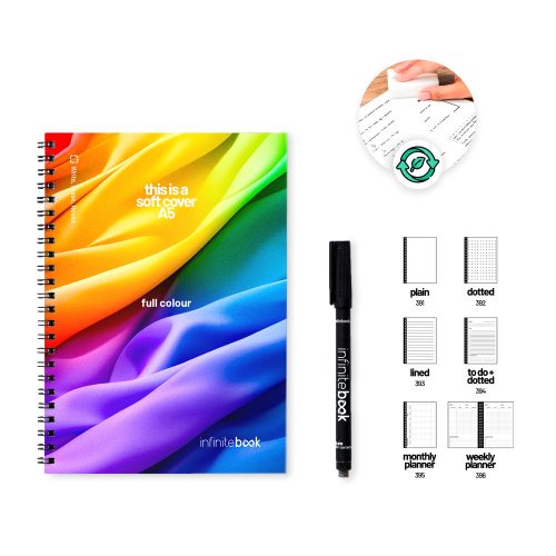 FLEXIBLE A5 INFINITEBOOK - FULL COLOUR. A5 "Infinitebook" notepad with flexible cover, includes full-colour customisation on the front and back covers