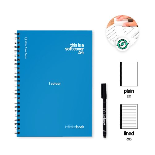 FLEXIBLE A4 INFINITEBOOK - 1 COLOUR. A4 "Infinitebook" notepad with flexible cover, includes customisation in one colour on the cover and back