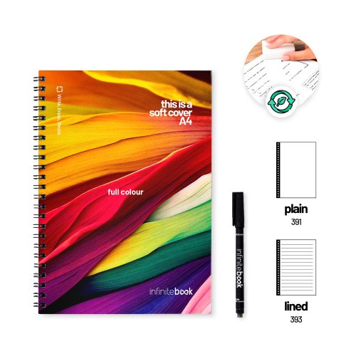 FLEXIBLE A4 INFINITEBOOK - FULL COLOUR. A4 "Infinitebook" notepad with flexible cover, includes “Full Color” customization on the front and back covers