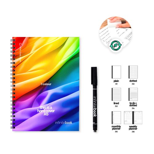 HARDCOVER A5 INFINITEBOOK - FULL COLOUR. A5 "Infinitebook" notepad with hard cover, includes “Full Color” customization on the front and back covers