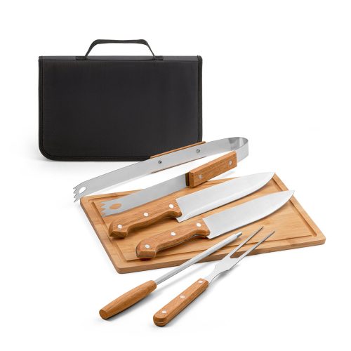 FLARE. Five-piece wooden and stainless steel barbecue set with bamboo board