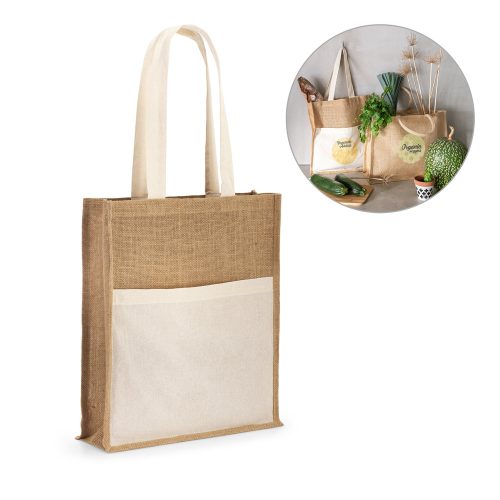 BRAGA. Jute bag (240 g/m²) with pocket in 100% cotton (140 g/m²)