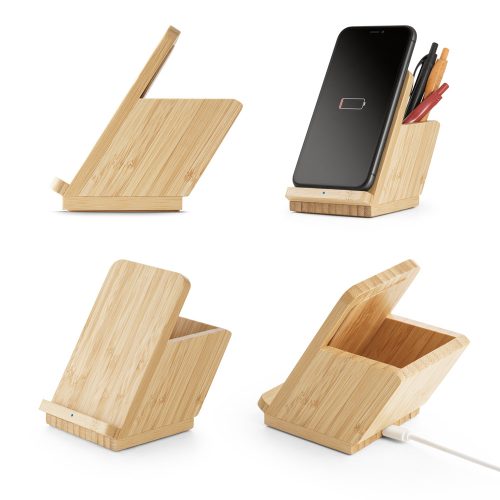 LEAVITT. Smartphone holder and ballpoint holder with 10W fast wireless charger in bamboo